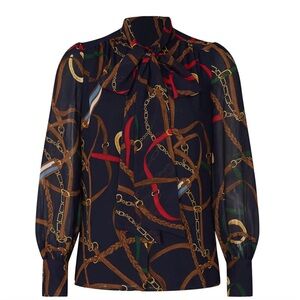 Lauren Ralph Lauren Equestrian Print Tie Neck Top size XS
